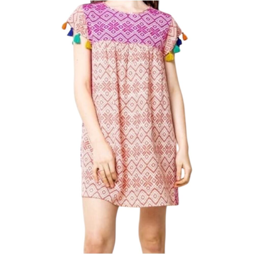 THML Jacquard Dress Tassel Sleeve Colorblock Printed Knit Boho Multicolor Small